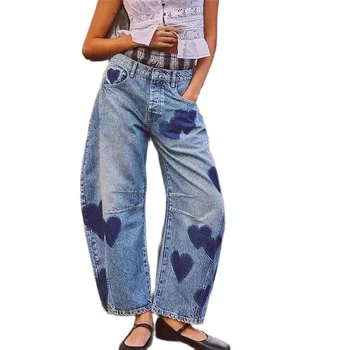 2024 Fashion Love Print Decoration Denim Pants Women Loose Straight Jeans Female Casual Midi Waist Trousers New Trend Streetwear 1