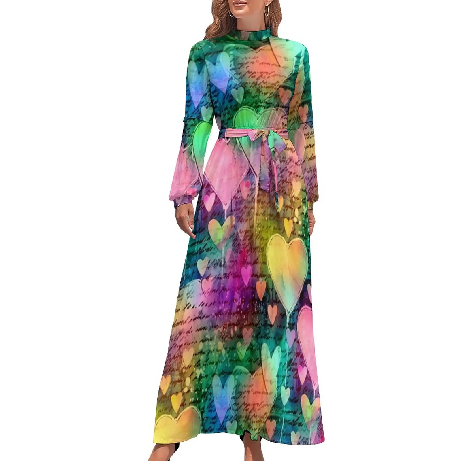 

Abstract Letters Print Dress Love Heart Korean Fashion Boho Beach Dresses Female Long-Sleeve High Waist Trendy Long Maxi Dress
