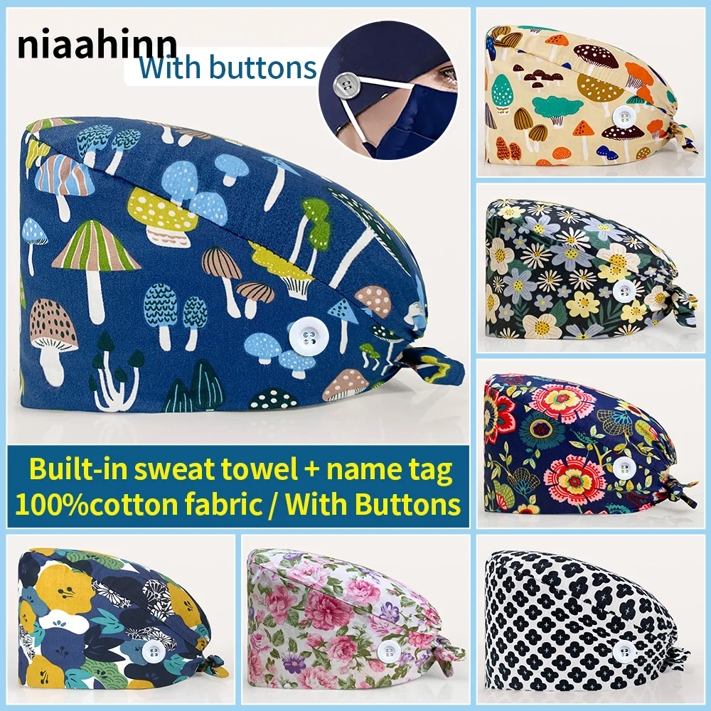 

Adjustable Doctor Scrub Hat Pet Hospital Grooming Nurse Work Caps Laboratory Work Hats Cartoon Flower Printed Nursing Scrubs Cap