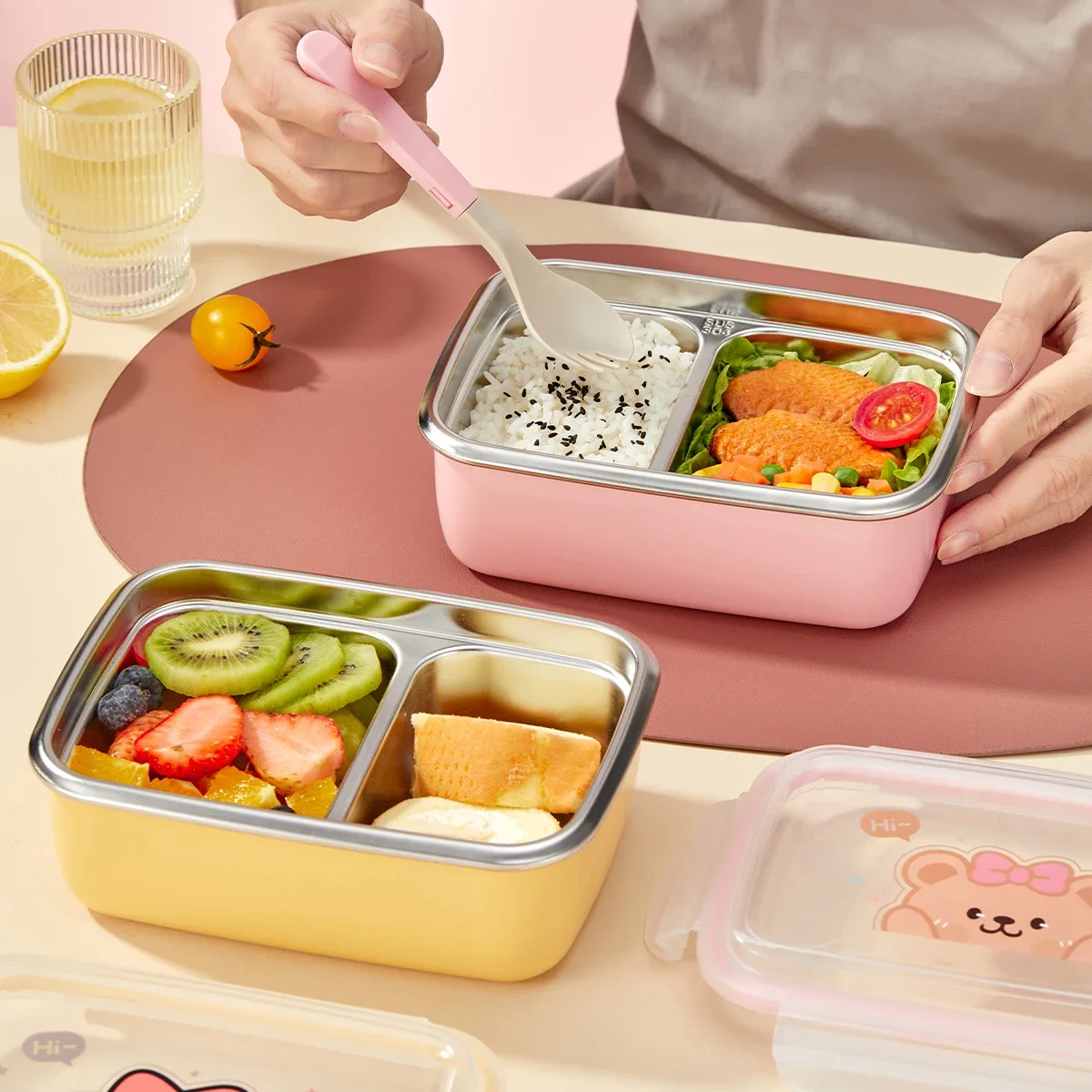 2칸 귀여운 304 스테인리스 스틸 도시락통 어린이용 대용량 가열 가능 휴대용 누수 방지 도시락 용기 숟가락 포함