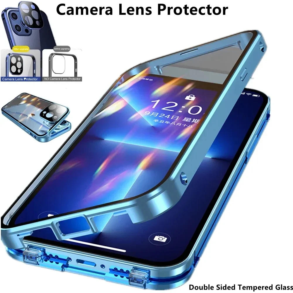 Sleek Magnetic Double-Sided Glass Phone Case with Metal Frame and Camera Lens Protection