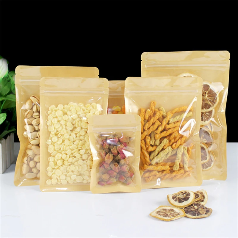 Brown One Side Clear Resealable Plastic Window Kraft Paper Flat Bottom Zip Lock Bag Snacks Coffee Scented Tea Gifts Pouches