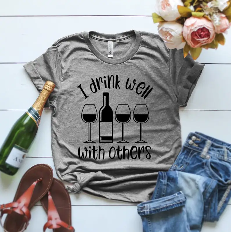 

I drink well with others funny t shirt, Drinks Well With Others Funny Drinking Drunk 100% Cotton Fashion goth y2k Drop Shipping