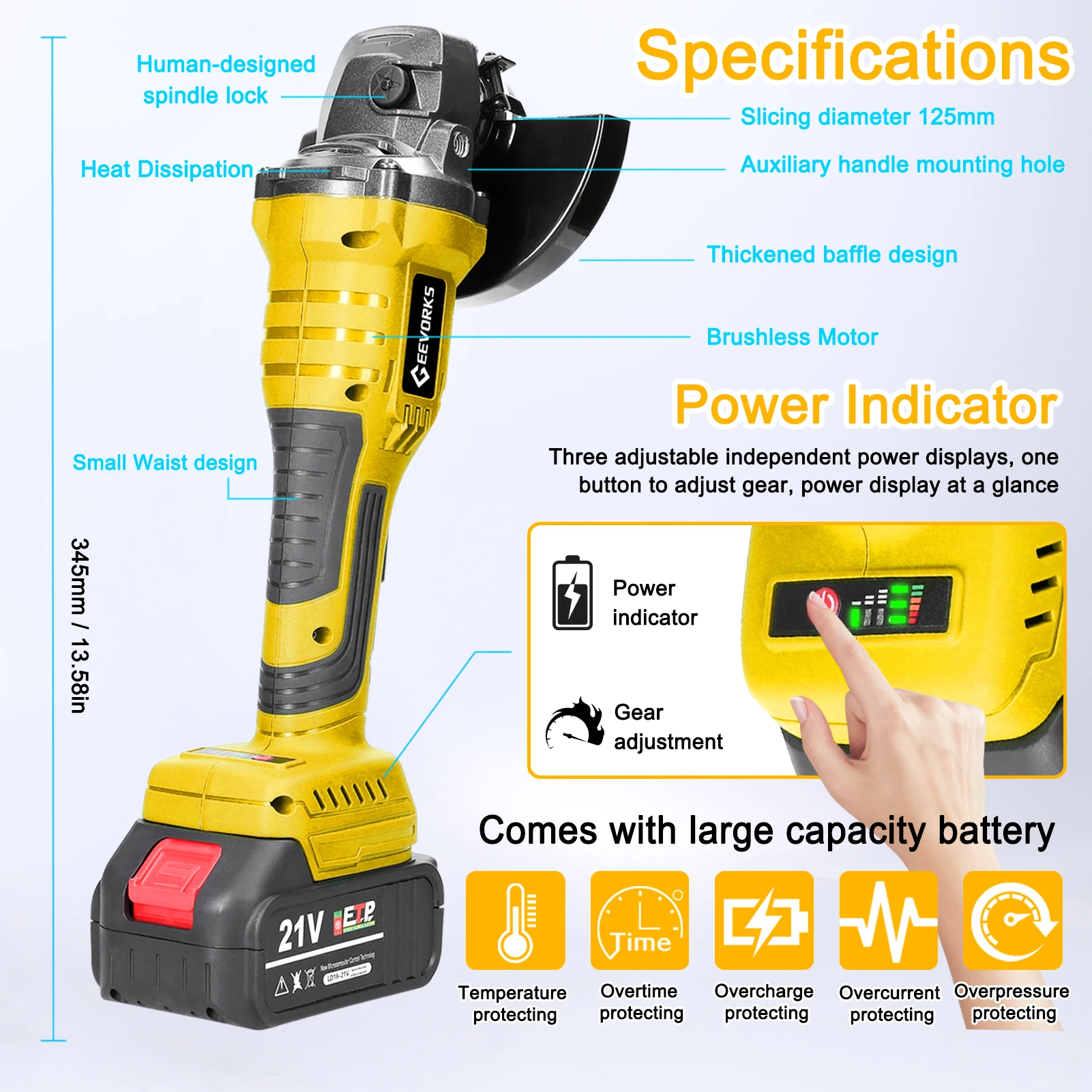 Electric Grinding Tool Power Tool 21V 125mm M14 Angle Grinder Brushless Motor Cutting Polishing Ceramic Tile Wood Stone Steel 2