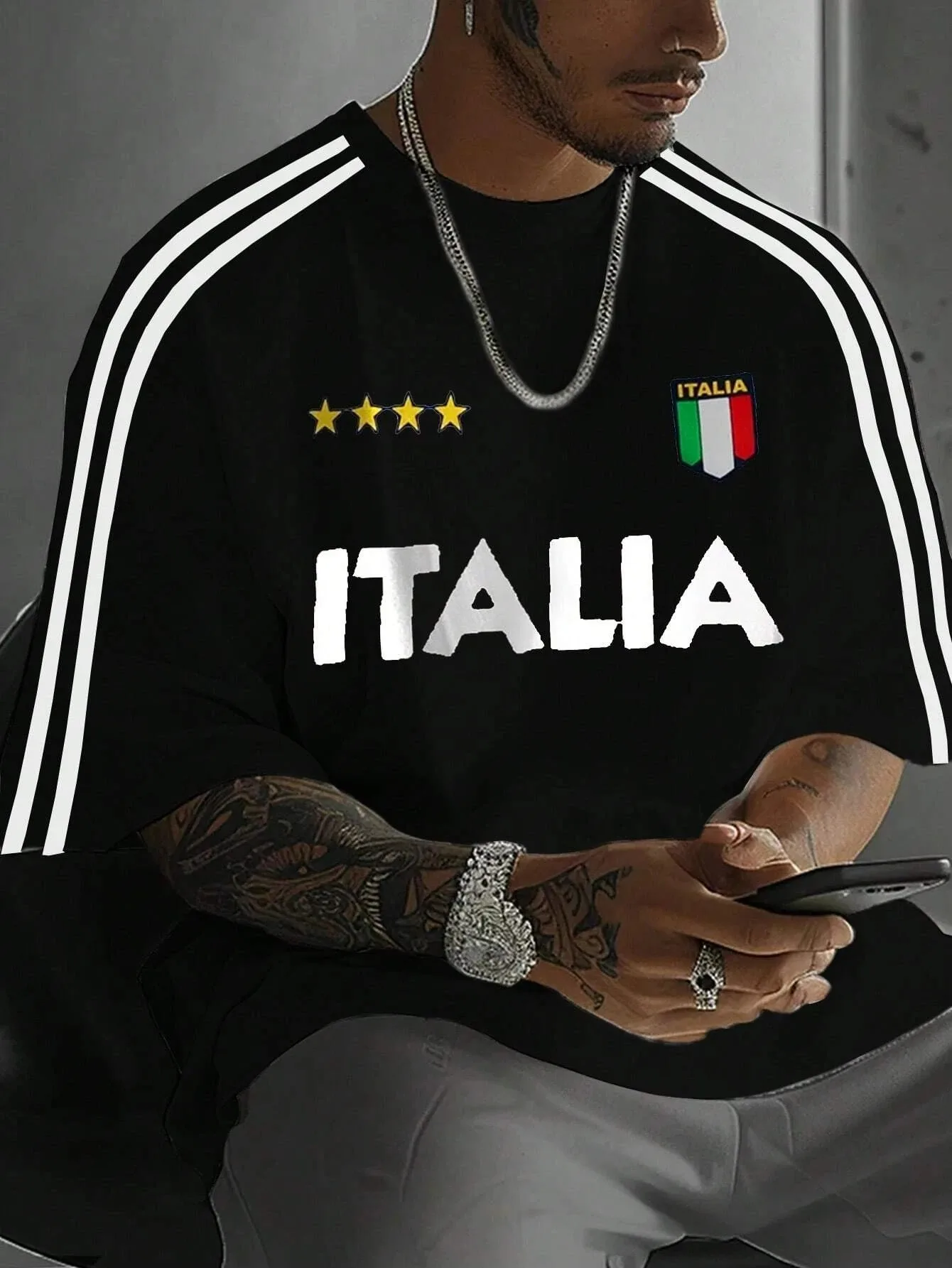 Mens Casual 3D Letter I-ITALLA Print T-Shirt Man Short Sleeve Sportwear Football T-Shirt Vintage Oversize Striped Tees Clothes