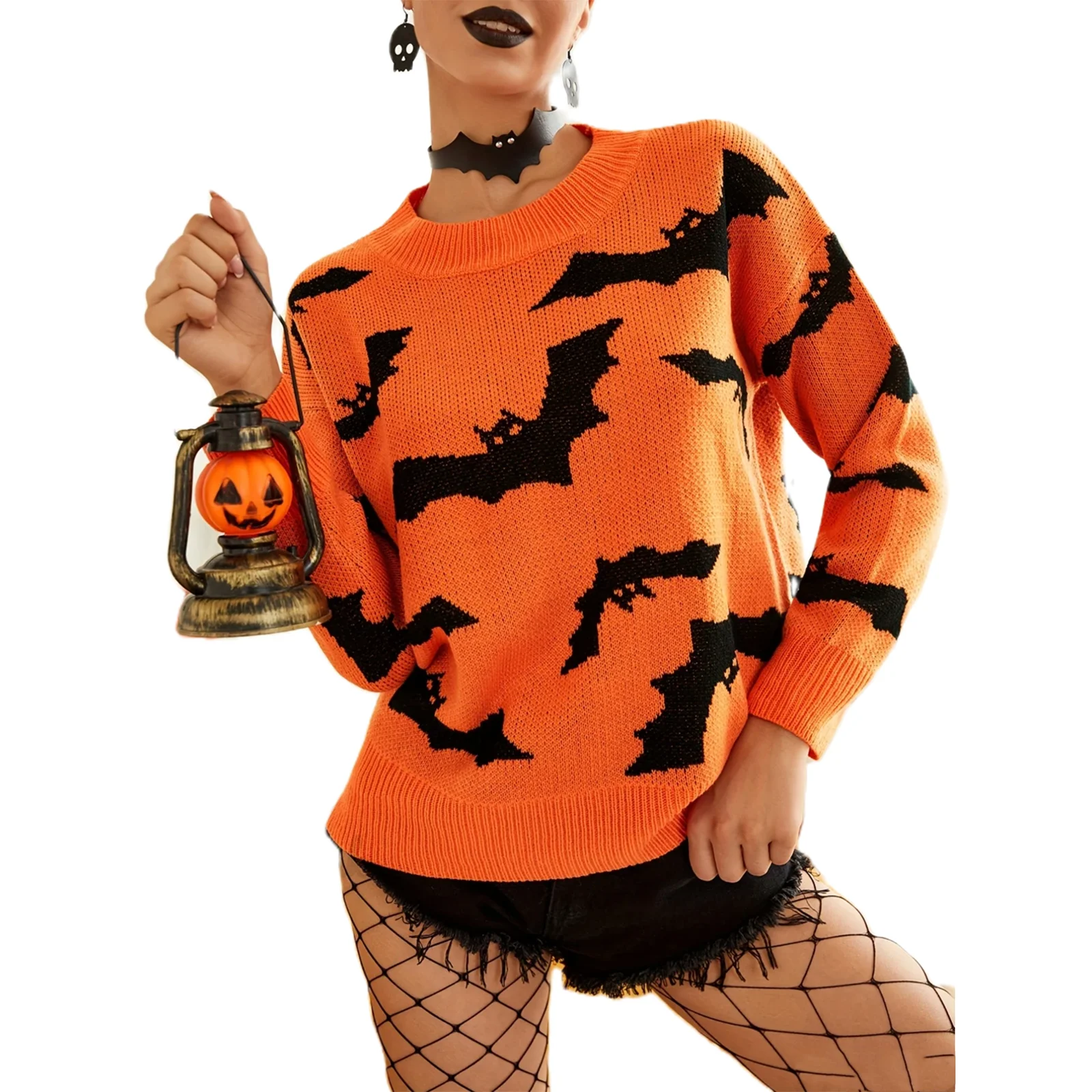 thumbnail image 1 of Suéter de Halloween para mujer, manga larga, cuello redondo, suéter de murciélagos, suéter cálido para otoño e invierno, 1 of 5