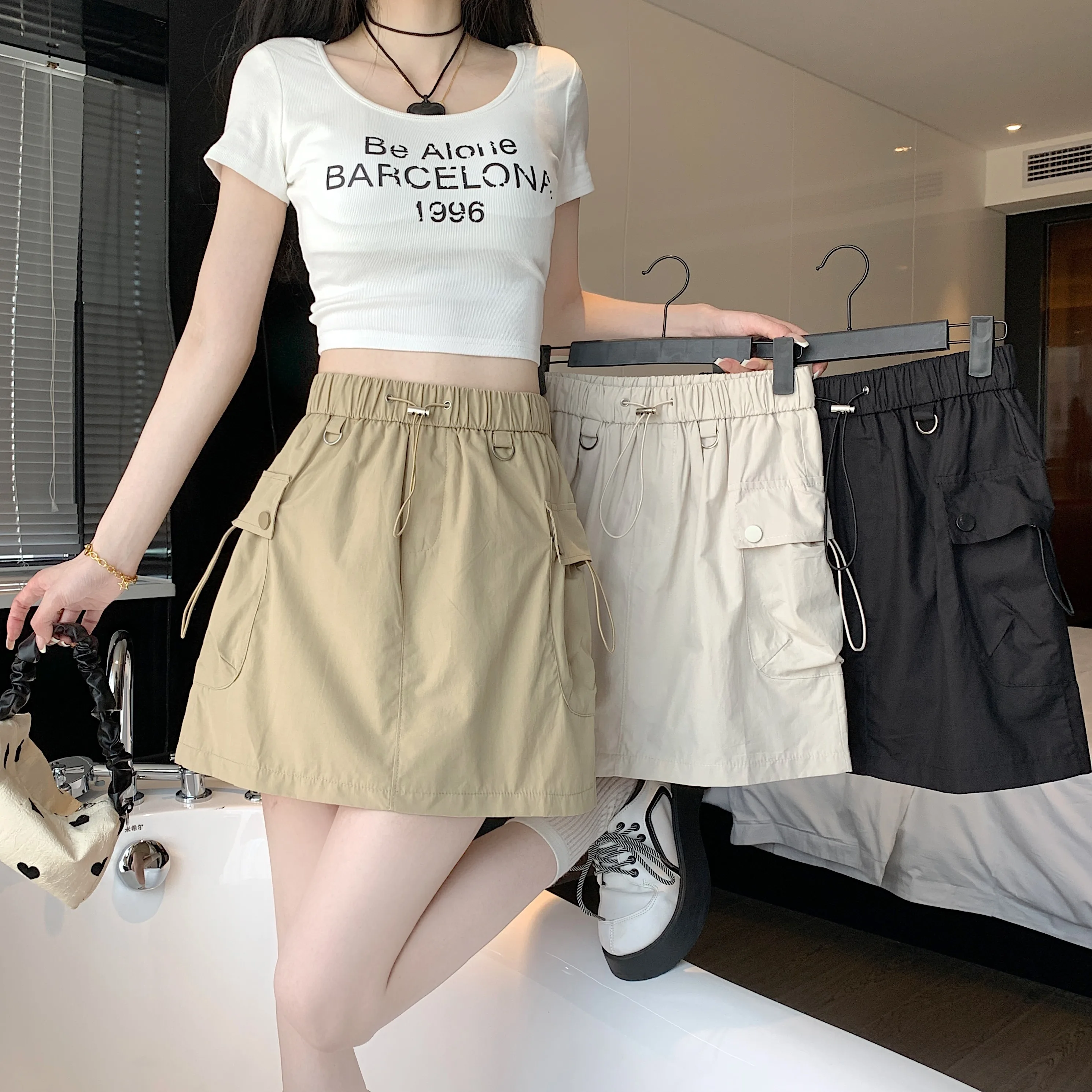 아메리칸 스타일 하이 웨이스트 a 라인 몸집이 작은 다목적 Drawstring 짧은 Skort 여성용 2024 뉴 여름 얇은 스타일 Workwear 스커트