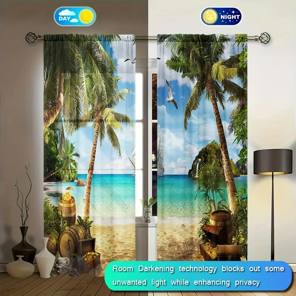 Description Picture 4 of item2pcs Beach Scenery Printed Curtain for Home Decor - Rod Pocket Window Treatment for Bedroom,Office,Kitchen,Living Room,and Study
