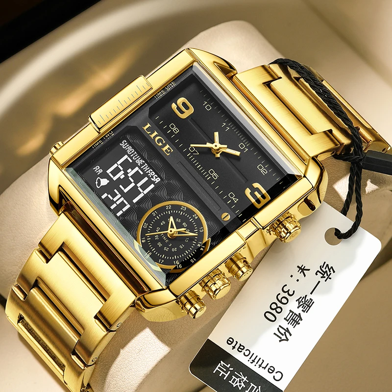 Luxury Gold Steel Sports Square Digital Analog Men's Quartz Watch
