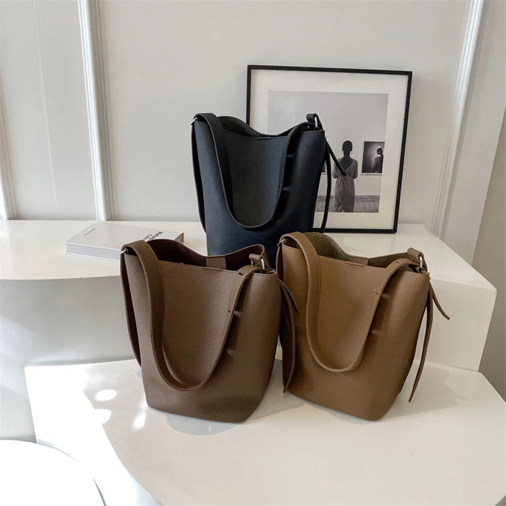 Women Vintage Bucket Bag Large Capacity Versatile Shopper Bag Adjustable Strap Solid Color Simple Bag with Matching Clutch Set