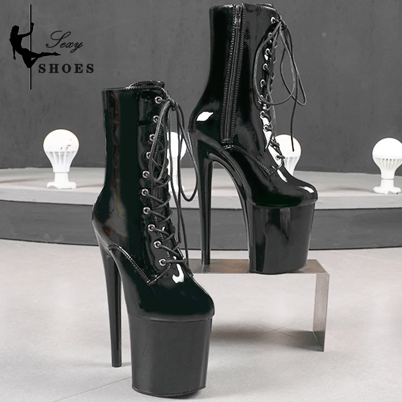 Women Heels Boots  Autumn Stiletto Sexy Platform High Heels 20cm/8Inch Lace-up Roman Boots Round Toe Black Modern ANKLE  Boots