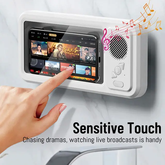 Bathroom Waterproof Phone Case with Bluetooth Speaker Wall Mount Phone Holder Stand Anti-Fog for Showering Bathe Kitchen