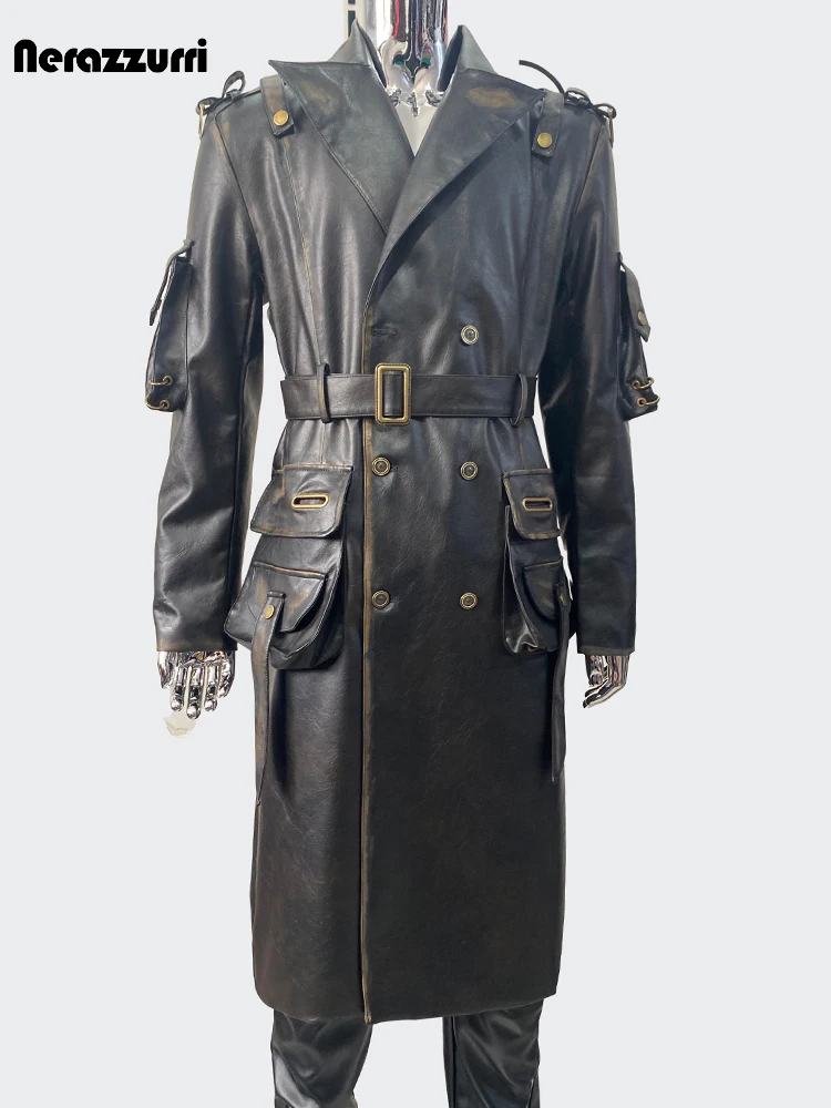 Nerazzurri Spring Autumn Cool Long Waterproof Distressed Black Pu Leather Trench Coat Men Belt Pockets Luxury Designer Clothes 2