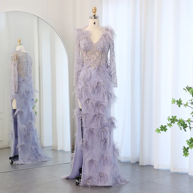 Luxury Feathers Lilac Mermaid Evening Dresses Long Sleeves Elegant V-Neck Arabic Woman Wedding Party Gowns 183 1