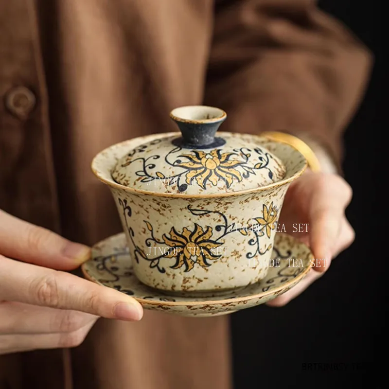 Ceramic Sancai Cover Bowl Household Large Hover Lid Bowl Chinese Style Tea Bowl with Lid Drinking Utensils Tea Set Accessories