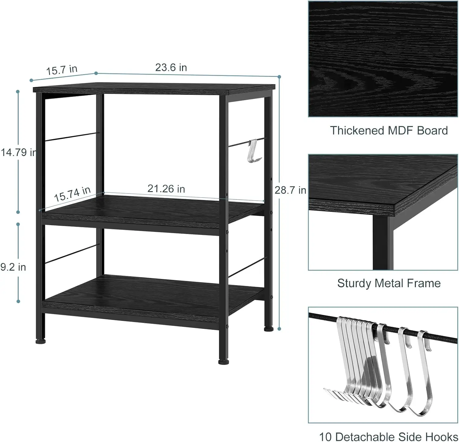 Microwave oven rack, 3-layer kitchen cart with small pastry rack stored on wheels and 10 hooks, coffee bar cart 2