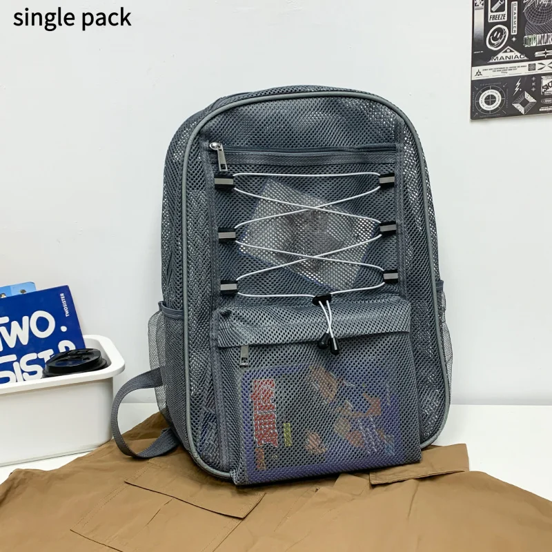 Trendy Outdoor Sports Beach Transparent Mesh Backpack Summer Double Shoulder Bag for High School Students with Big Capacity