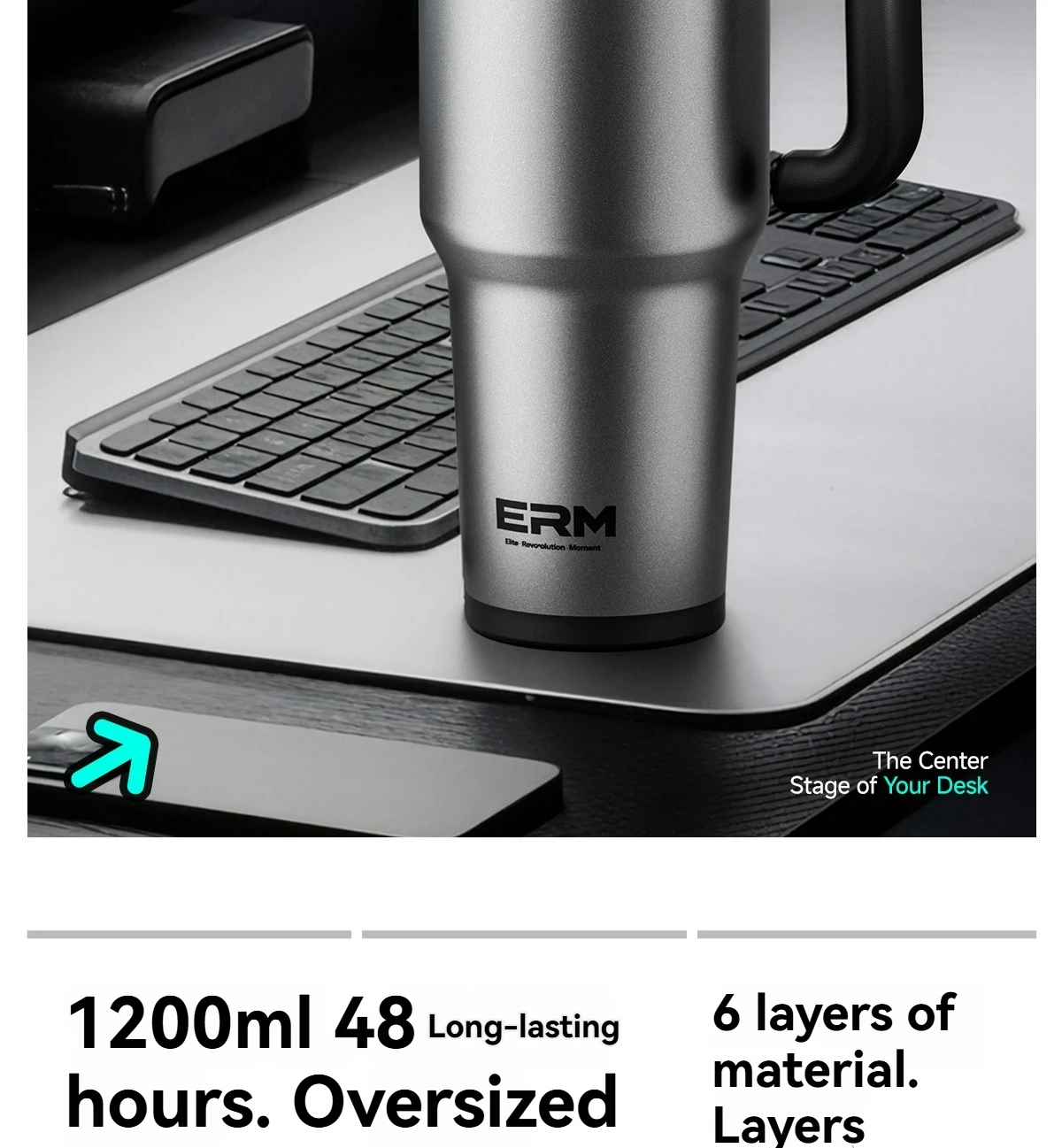 1200ML Extra Large Tumbler Ceramic Drinkware Stainless Steel Water Bottle Insulated Vacuum Flask Straw & Handle Leakproof Mug