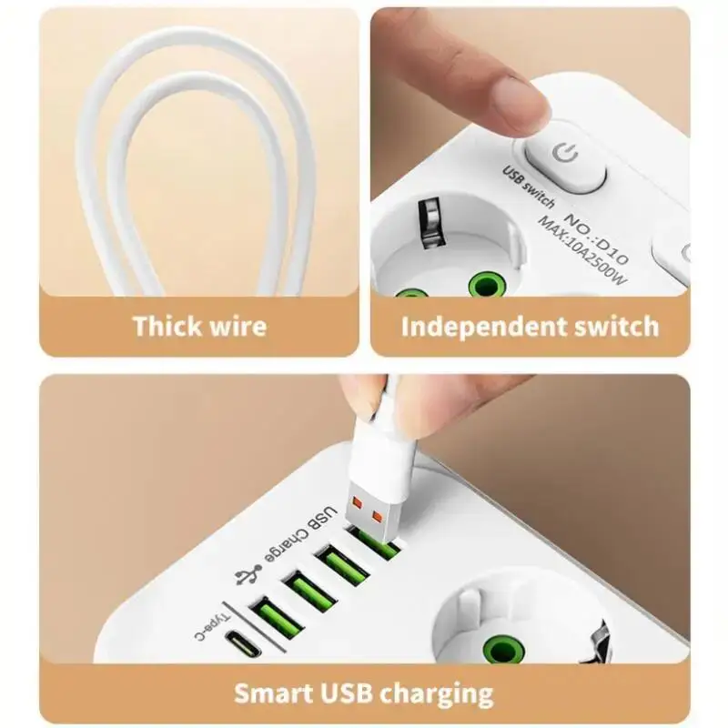 Power Strip EU Plug AC Outlet Multitap Power Strip 2m Extension Cord Electrical Socket Smart USB Home Office Surge Protector Network Filter