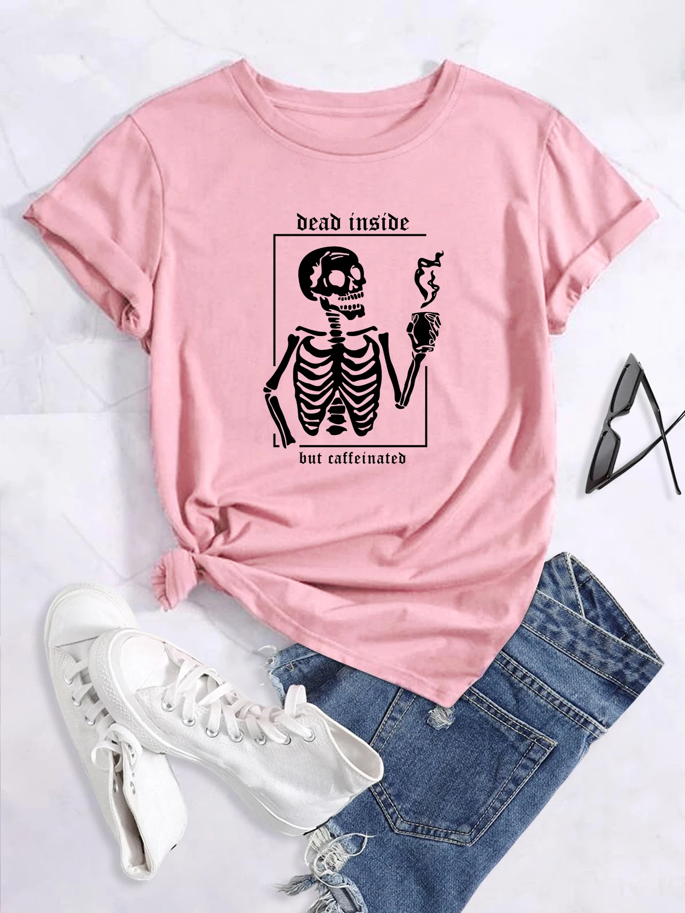 T-shirt girocollo con stampa 'Dead inside But Caffeinated', T-shirt estive casual a maniche corte larghe e alla moda, da donna_voghion.com