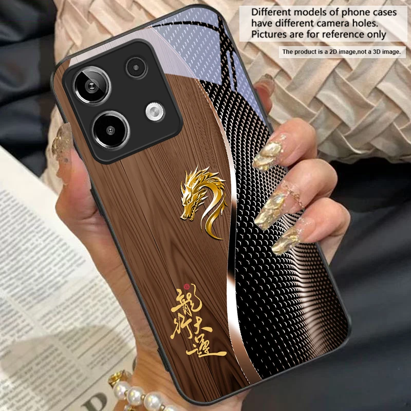 Elegant Black Tempered Glass Phone Case with Traditional Dragon Totem Design