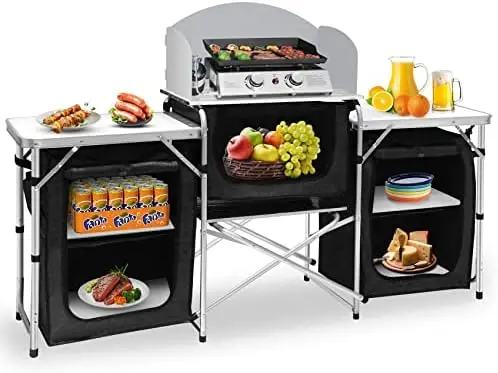 

Camping Kitchen Table Aluminum Portable Outdoor Cooking Table Foldable Camp Table with , Windscreen, Lantren Hanger & 3 Org Kni