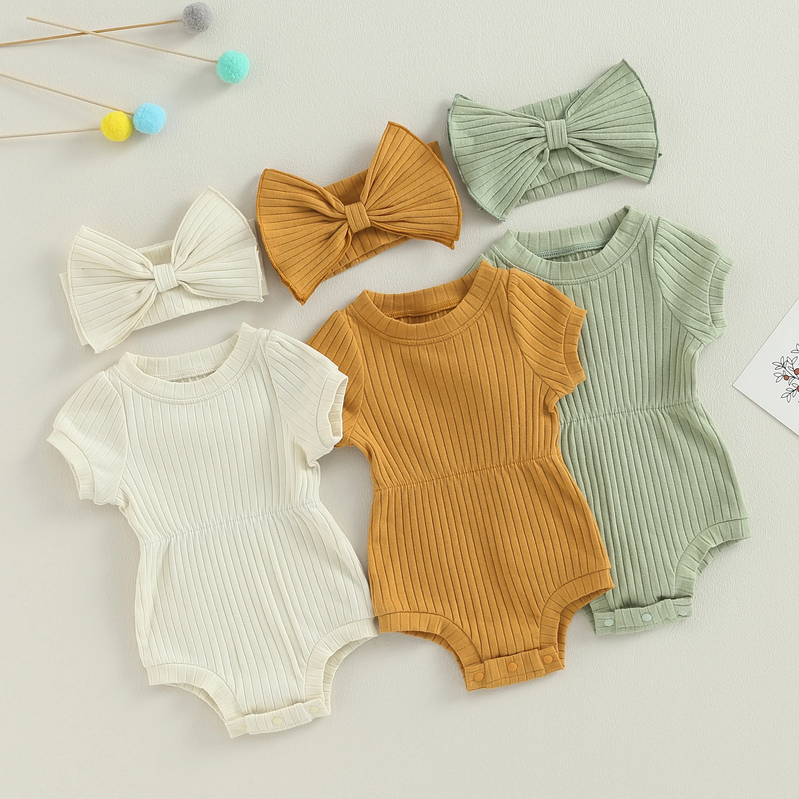 

0-18M Newborn Baby Girl 2Pcs Outfits Solid Color Short Sleeve Romper with Bow Headband Set Infant Baby Summer Clothes Set