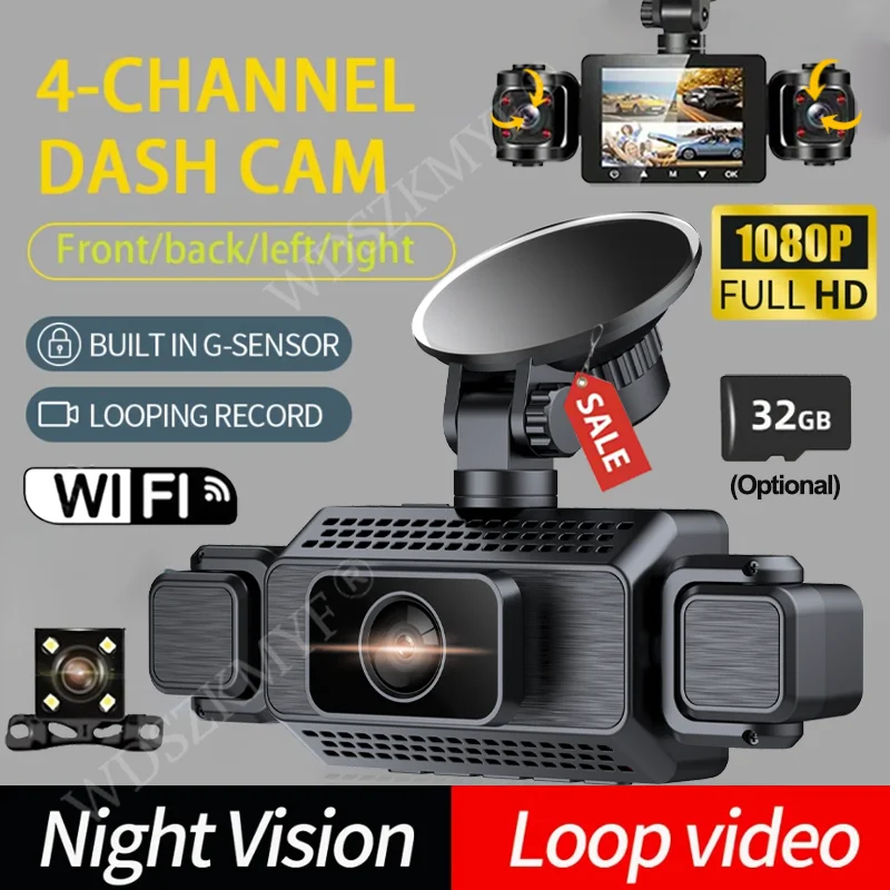 3/4 Channels 360° DashCam WIFI Video Recorder 1080P Car DVR 24H Parking Monitor Front Right Rear View Night Vision Black Box
