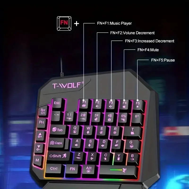 T-WOLF RGB Gaming Keyboard, Backlit 35-Key Portable Mini, Ergonomic Design Controller for PC Gamers, Single-Handed Game Keyboard