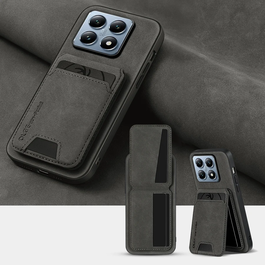 Solid Color Leather Wallet Card Slot Bracket Phone Case For Xiaomi 14T 13T 11T Pro Redmi Note 14 14C 13 13C 12 11 10 S Pro Cover 2