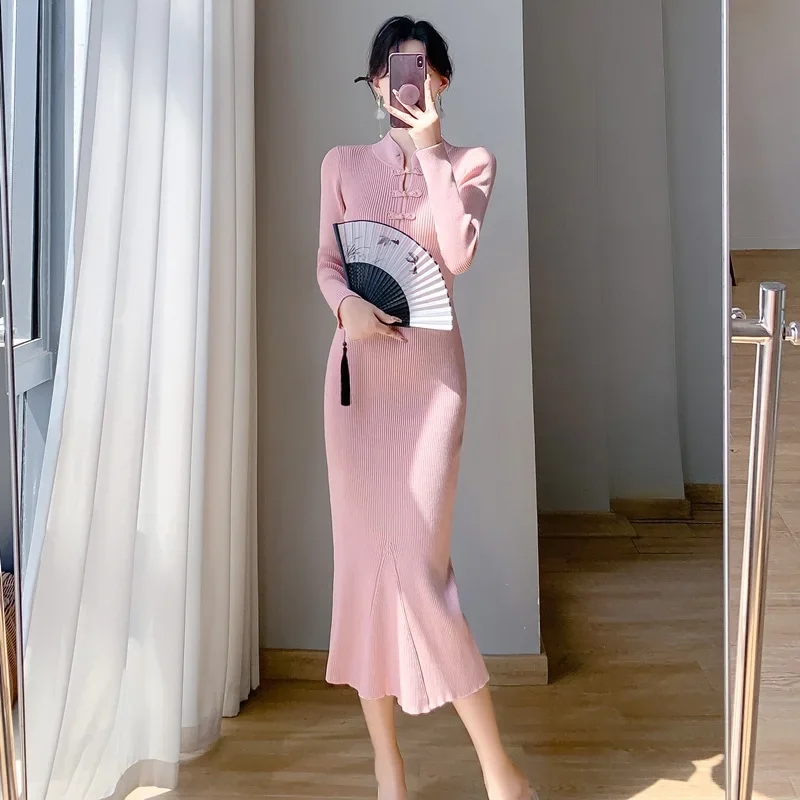 

Party Dresses Autumn and Winter Chinese Style Retro Slim Knitted Dress Women's Inner Layer Sweater Wrap Hip Fishtail Skirt