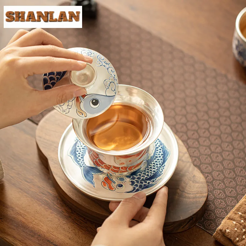 150ml Gilt Silver Sancai Gaiwan Creative Auspicious Dragon Cover Bowl Retro Tea Tureen Tea Maker Cafes Gift Chinese Ornaments
