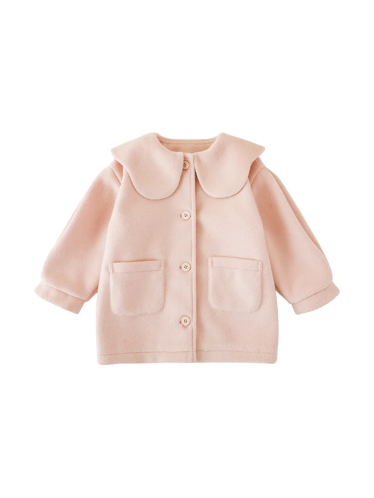 Baby Girls Lapel Cute Big Ears Solid Color Woolen Coat 2023 Autumn Winter Casual Cardigan Long-Sleeved Children's Wool Clothes