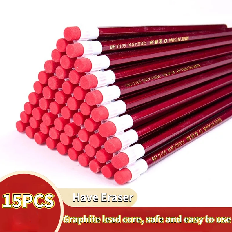 

10/15pcs/lot Wooden Pencil HB 2B with Eraser Pencil Student Learn Stationery Writing Drawing Pencils School Office Supplies