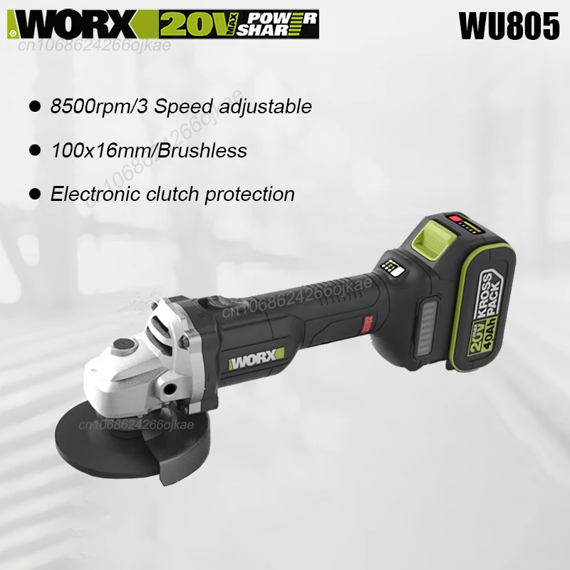 Worx WU805 Wireless Angle Grinder Rechargeable 20v 100x16mm 8500rpm 3 Speed Adjustable for Cutting Universal 5Pin Green Battery