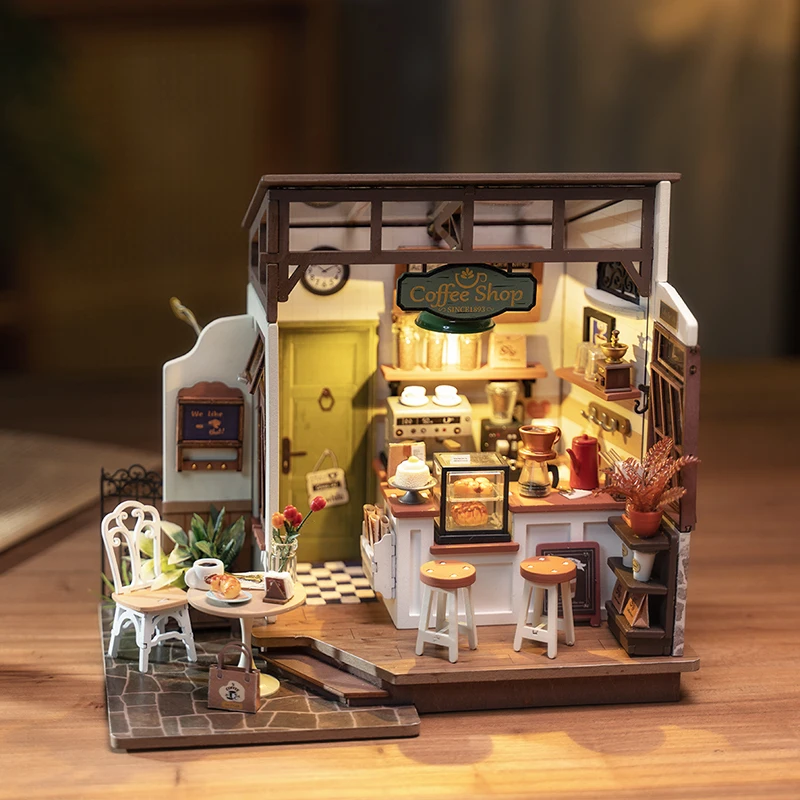 Robotime Rolife No.17 Café Miniature House Kit for Kids Adults DIY Dollhouse  3D Wooden Assembly Building Toys Home Decoration