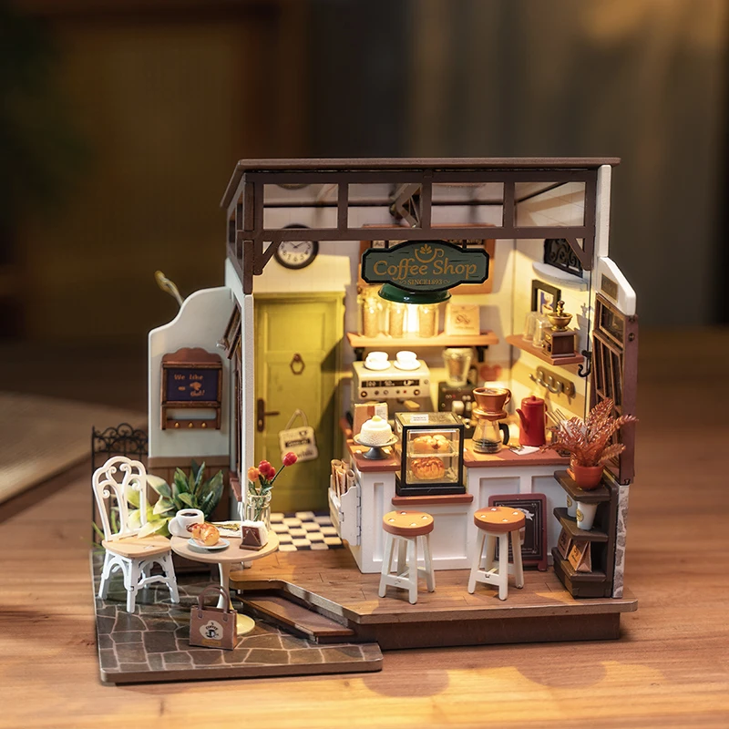Café Miniature House Kit for Kids Adults DIY Dollhouse 3D Wooden Assembly Building Toys Home Decoration