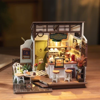 Robotime Rolife No.17 Café Miniature House Kit for Kids Adults DIY Dollhouse 3D Wooden Assembly Building Toys Home Decoration 2