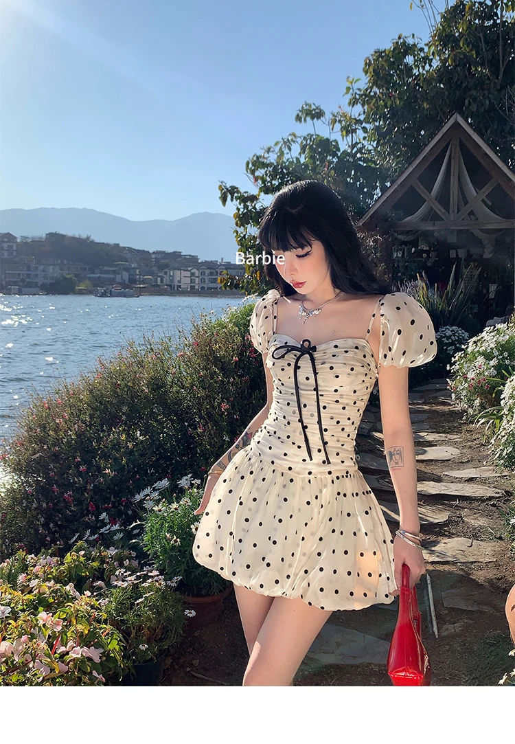 Polka Dot Birthday Party Dress Off Shoulder Puff Sleeve A-line Ball Gown Mini Dresses for Women Korean Fashion One Piece Vestido