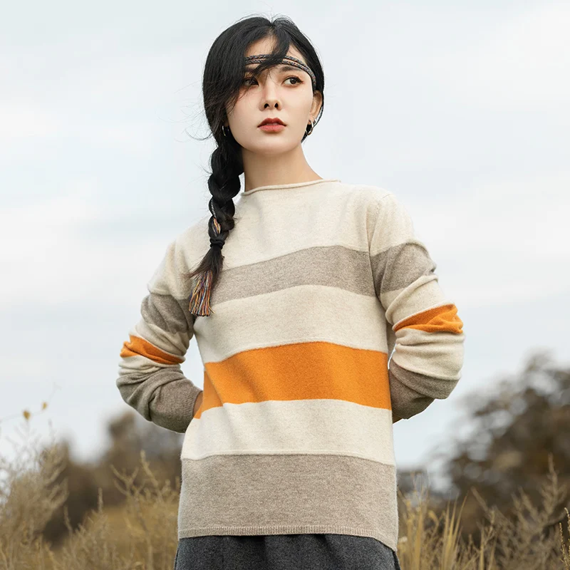 

Autumn and Winter New Women's Rolled Edge Crew Neck Sweater Color Contrast Loose Warm Pullover Knitted Undercoat Sweater