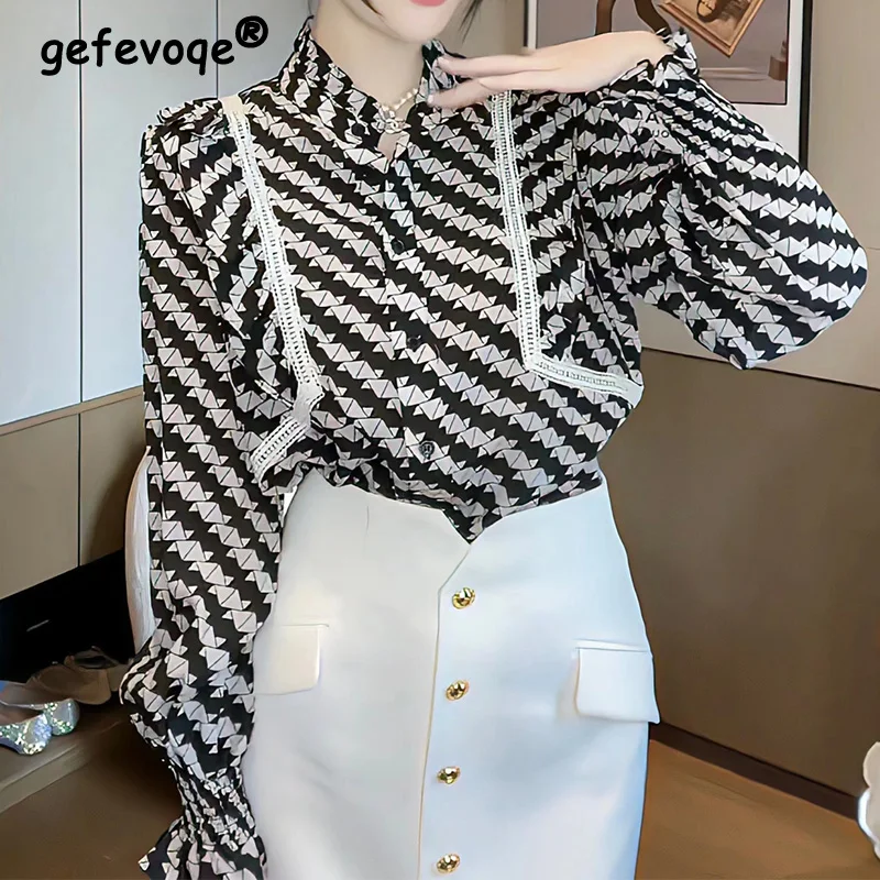 Chiffon Standing Collar Retro Diamond Checkered Printed Temperament Shirt Autumn New Women's Patchwork Button Cardigan Blouse designer brand 목도리 fashion color retro checkered scarf for women winter 2023 new korean version of the trend of hot sales шарф
