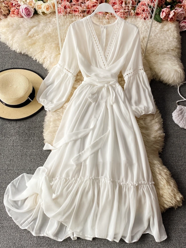 

Spring Women Elegant Casual Vintage White Dress Slim A-Line Party Birthday Vestidos Female Chic Solid One Pieces Mujers Robe