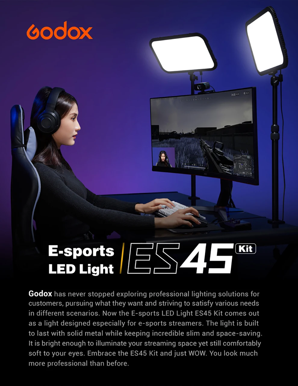 Godox ES45 E-Sports LED Light 2800K - 6500K Kit with Mounting Rod APP & Remote C