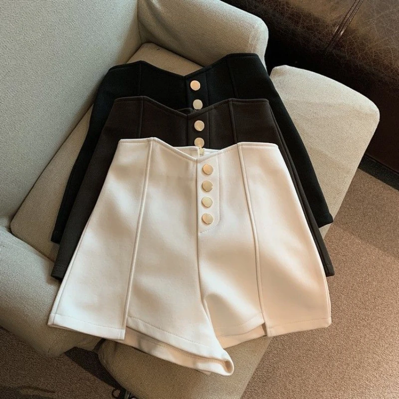 2024 Corea Estate Donna Tuta Gamba Larga Pantaloni Da Ufficio Pantaloncini A Vita Alta Bottone Moderato Slim Fit Abbigliamento Casual Classico F104