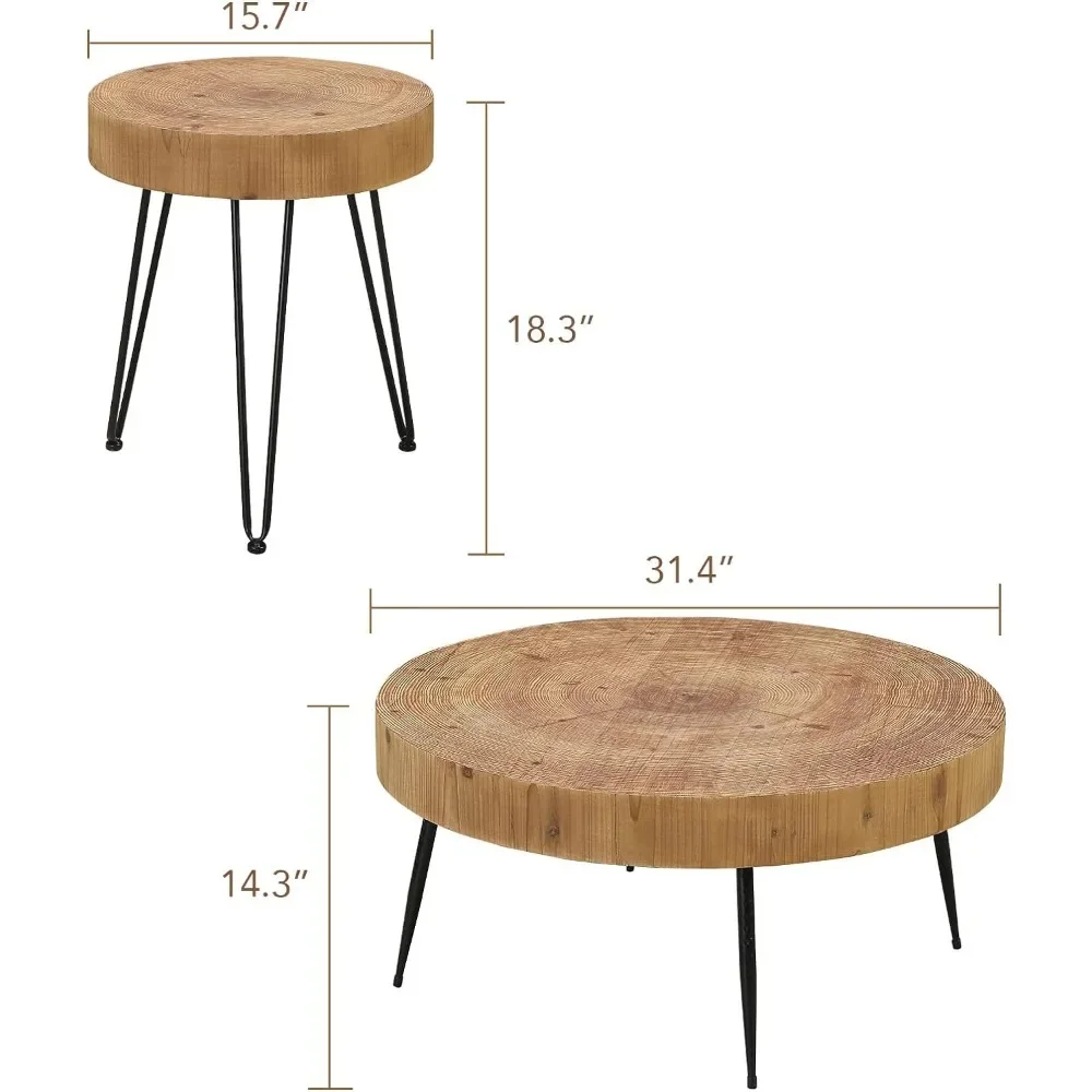 Farmhouse Round Coffee Table Set of 2,Cocktail Table Set,Modern Circle Natural Wood Finsh Side and End Sets Planar,Natural