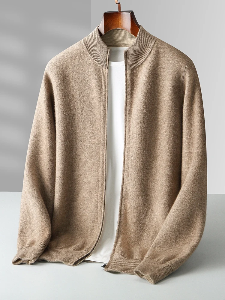 High-end Men Cashmere Sweater Zipper Cardigan Autumn Winter 100% Merino Wool Knitwear Thick Mock Neck Double Sided Wearable Coat 2