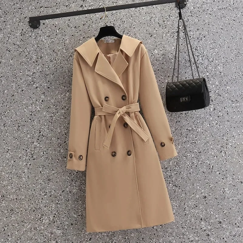 

Mid-length Navy Collar Trench Coat With Sashes Black Khaki Outwear Casual Double Breasted Female Long Sleeve Windproof Jacket