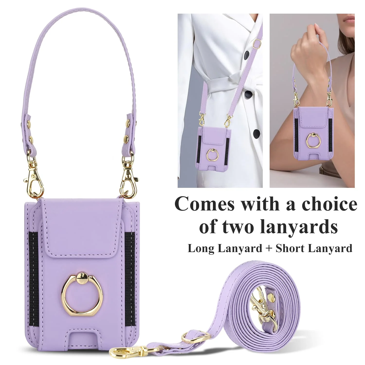 Crossbody Leather Wallet Case with Ring Holder & Card Slot - Long Lanyard Design