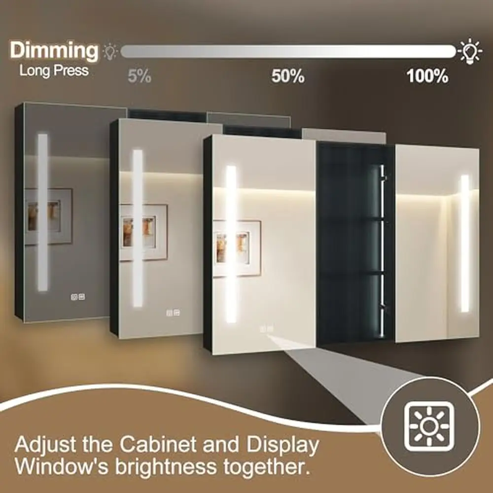 3 Color Adjustment Dimmable LED Mirror Wood Bathroom Medicine Cabinet