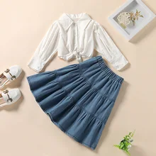 

Spring and Autumn New Products Children Girl Suit Girls Bubble Long Sleeve Shirt Top + Denim Puffy Long Skirt Girls Outfits